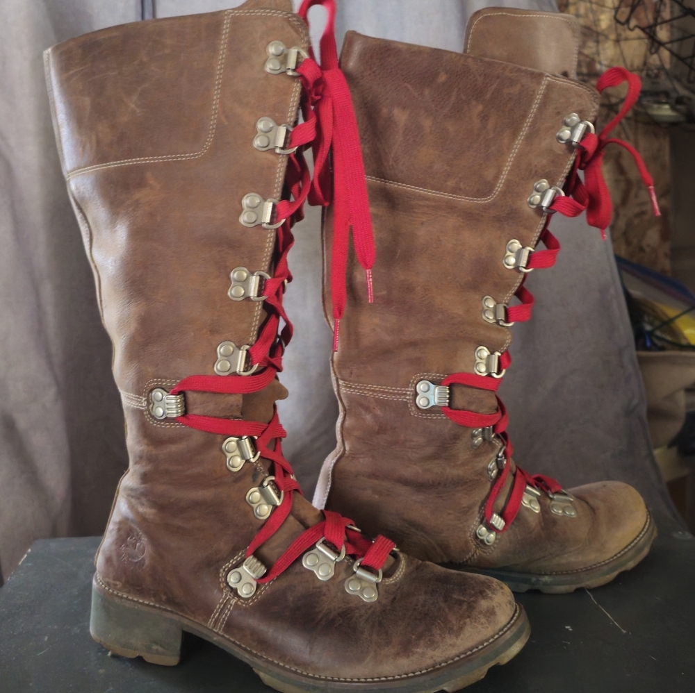 TimberLand Wheel Wright Brown Leather Knee-High Boots with Red Laces size 8